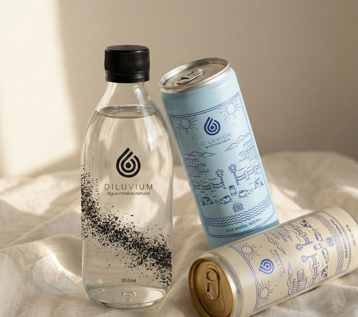 Botella y latas de agua mineral DILUVIUM