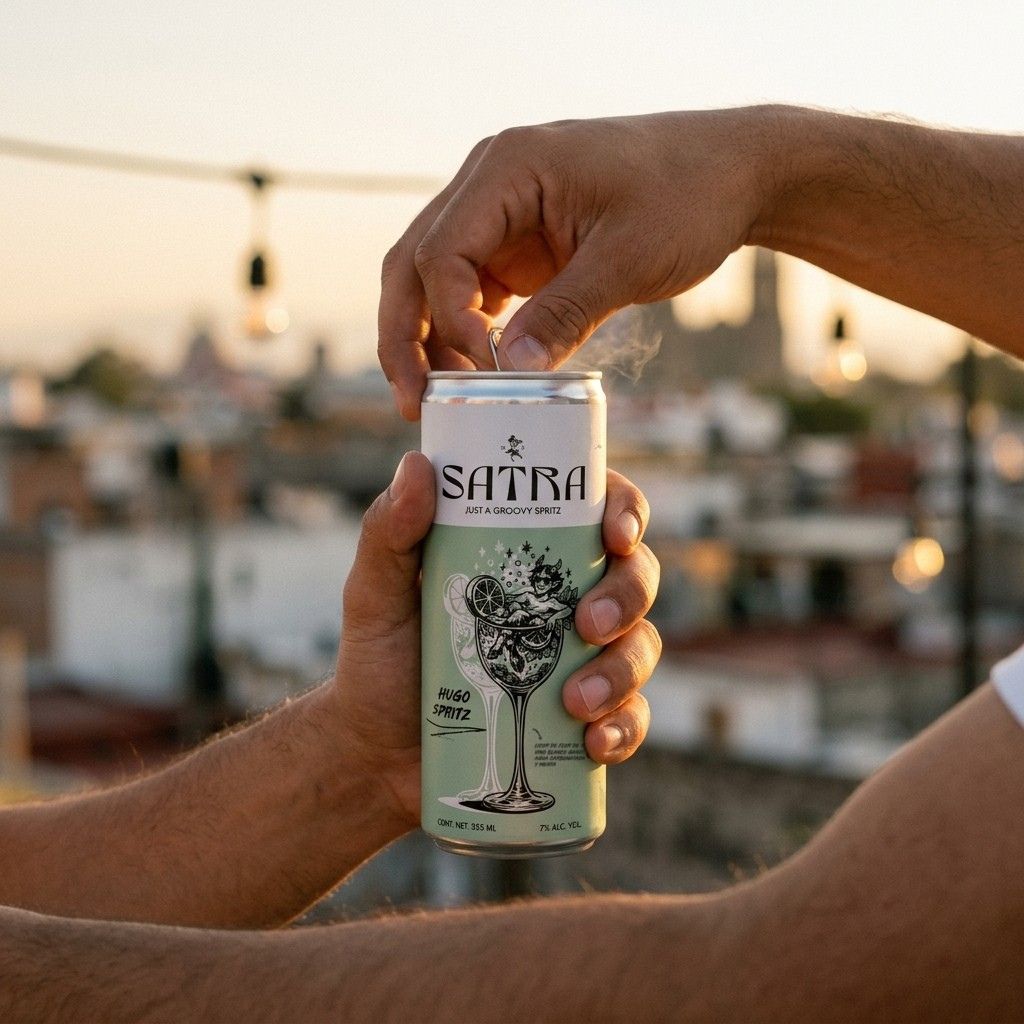 Abriendo un Hugo Spritz Satra al atardecer
